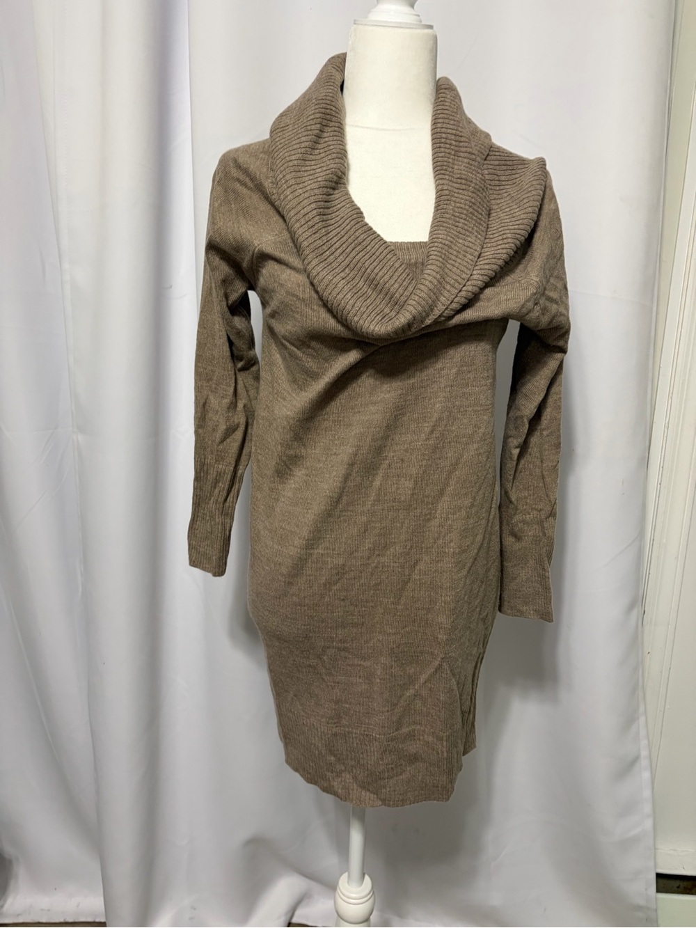 Cowl Neck Long Sleeve Sweater Dress in Taupe